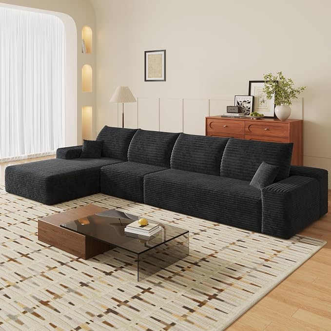 135" Corduroy Couch Sectional with Chaise, L Shape Boneless Cloud Couches for Living Room Bedroom, Modular Corner Couch, Fluffy Deep Seat Compression Sofa, Left Facing Chaise, No Assembly, Black