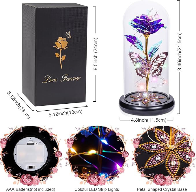 Mothers Day Flowers Gifts for Mom Women Birthday Gift Galaxy Glass Rose Forever Eternal Crystal Flowers Rose in Glass Dome with Butterfly Mother's Day Roses Gifts for Mom Daughter Wife Grandma Purple
