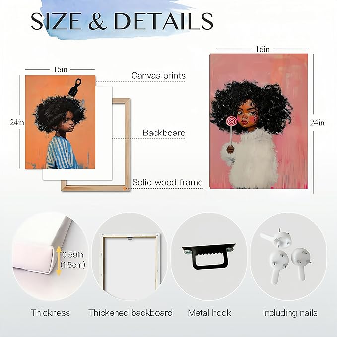 Black Kids Wall Art - Afro American Children Canvas Prints, Modern African American Portrait Paintings for Girls Bedroom, Cute Black Girl Nursery Art, Cultural Wall Decor， Framed16 x 24inches X2piece