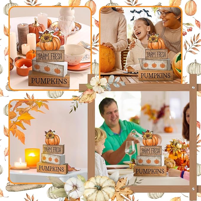 Lineshading 4 Pcs Thanksgiving Pumpkin Decor Fall Table Decoration Fall Tiered Tray Decor Thanksgiving Centerpiece Rustic Decorative Pumpkin Block Signs Farmhouse Harvest Decoration for Home Kitchen