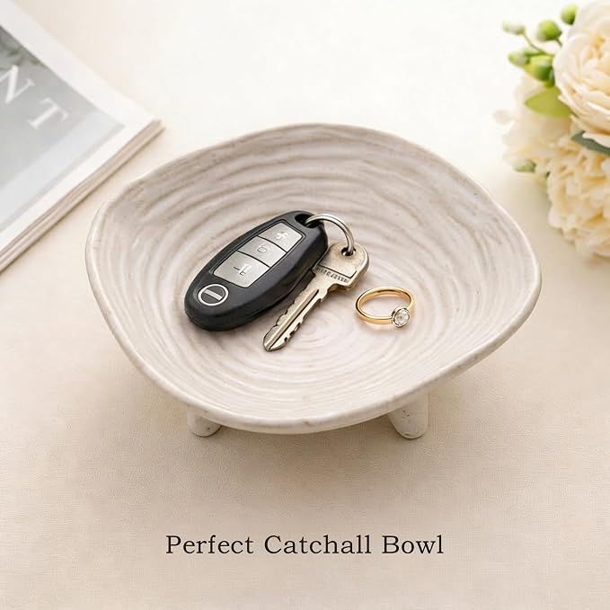 Small Decorative Bowl, 6” Ceramic Key Bowl for Entryway Table, Multi-Purpose Decorative Bowls for Candy, Jewelry and Home Decor（Retro White）