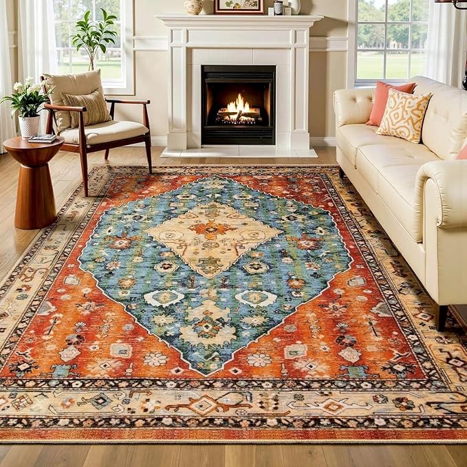 SERISSA Washable Rugs 6x9 Area Rugs, Large Non-Slip Boho Living Room Rug, Ultra Soft Vintage Print Distressed Oriental Tribal Farmhouse Carpet for Dining Room Bedroom Dorm Office Home Decor