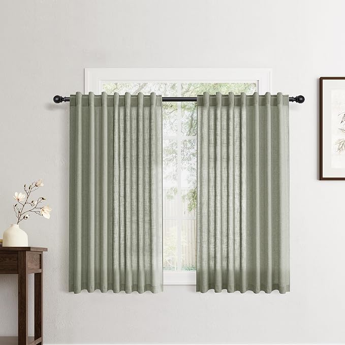 Jowels Sage Green Linen Curtains 48 Inch Long 2 Panels for Living Room | Light Filtering Semi Sheer Curtain, Back Tab Pocket Pleated Look, Boho Farmhouse Textured Privacy Drapes for Bedroom Window