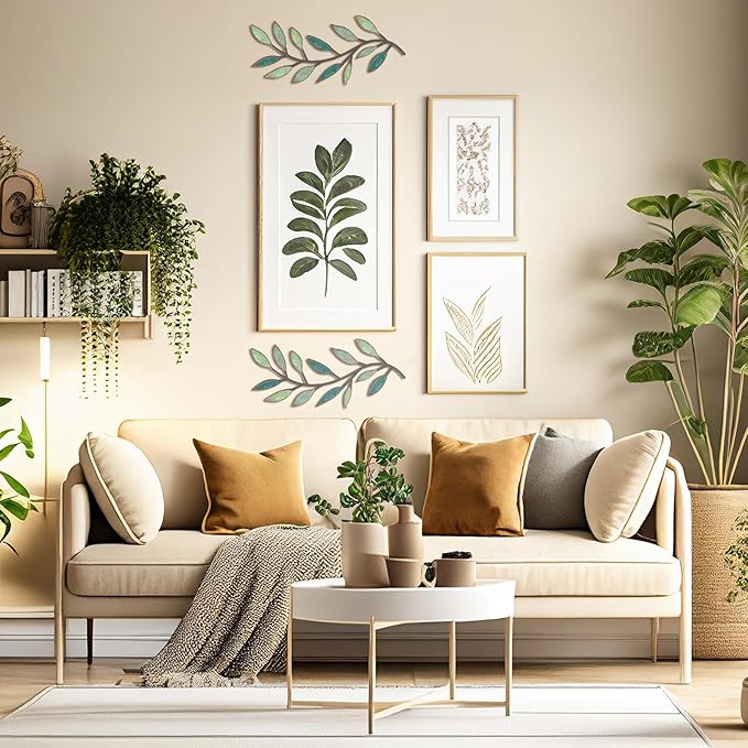 Zhengmy 2 Pieces Metal Tree Leaf Wall Decor Vine Olive Branch Leaf Wall Art Living Room, Hallway Wall Decor Outdoor Decoration(Gradient Green)