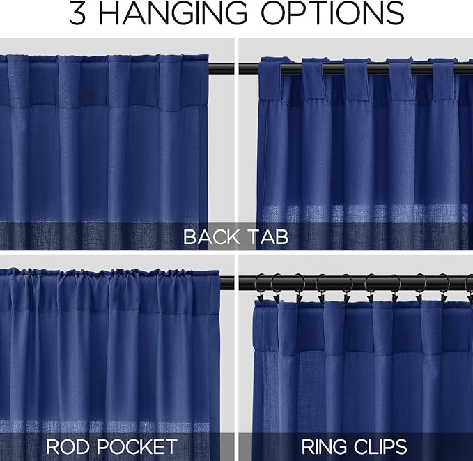 Classic Blue Linen Curtains 84 Inch Length 2 Panels Set for Living Room Rod Pocket Back Tab Light Filtering Window Drapes for Bedroom Dining Room Protect Privacy Modern Farmhouse Decor 52x84