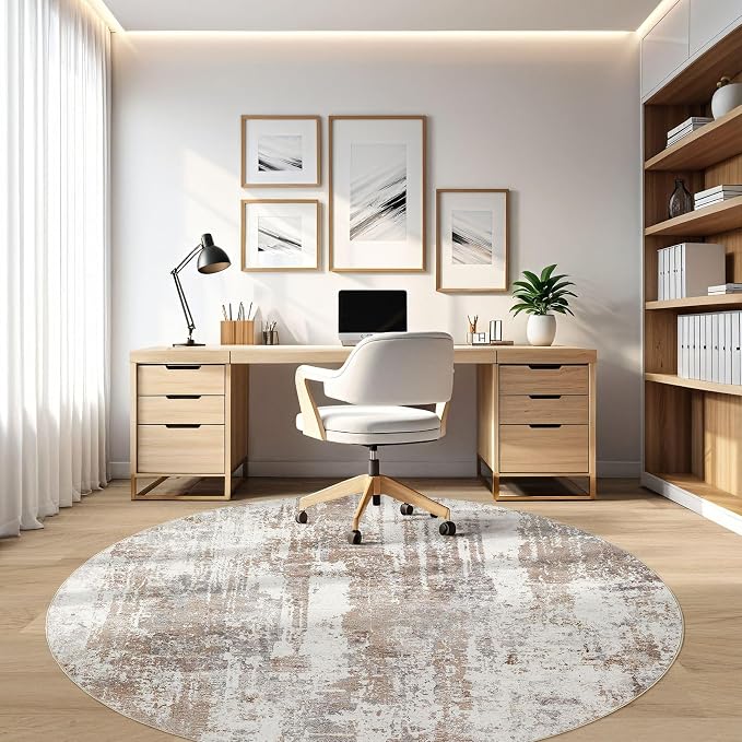 LOONGRUG Round Rug Living Room Rugs: 8Ft Washable Circle Large Abstract Modern Soft Stain Resistant Non Slip Indoor Floor Carpet for Bedroom Nursery Office Dining Room Dorm Home House Decor- Brown