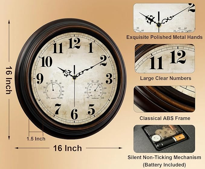 Vintage Wall Clock 16 Inch Quartz Silent Non-Ticking Analog Clock with Thermometer and Hygrometer, Battery Operated Rustic Round Decorative Clock for Living Room Kitchen Home Office