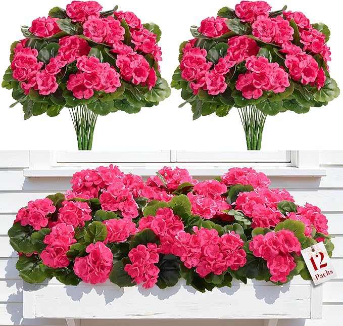 Alupssuc 12 Bundles Artificial Flowers for Outdoors Decoration Silk Geranium, UV Resistant Artificial Outdoor Fake Plants, Faux Flowers for Home Kitchen Table Indoor Outside Spring Decor, DeepPink