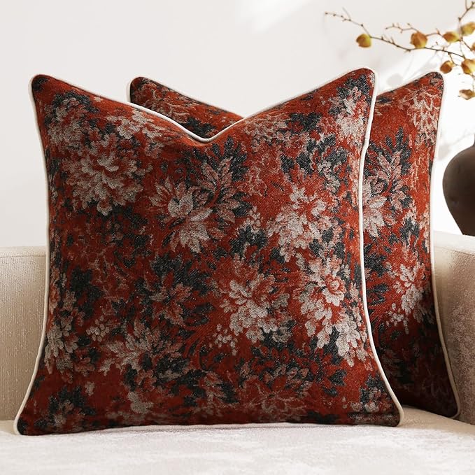 DEZENE Pack of 2 Vintage Floral Throw Pillow Covers 16x16 Boho Farmhouse Accents Chenille Square Decorative Pillow Cases for Living Room Couch Bed Home Decor, Rust