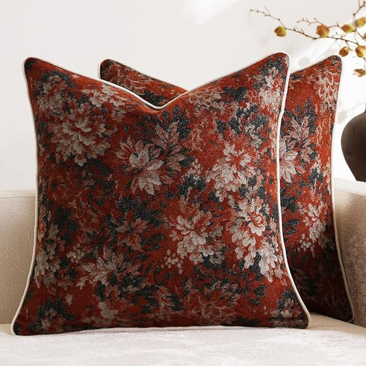 DEZENE Pack of 2 Vintage Floral Euro Sham Covers 26x26 Boho Farmhouse Accents Chenille Square Decorative Throw Pillow Cases for Living Room Couch Bed Home Decor, Rust