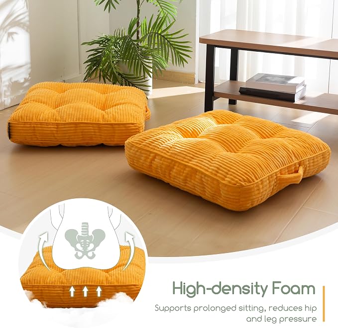 HIGOGOGO Floor Pillow Cushion for Adults, Meditation Cushion Pillow, Large Square Floor Sitting, Tufted Corduroy Cover, for Tatami Living Room or Yoga, 22x22 Inch, 2Pack, Orange