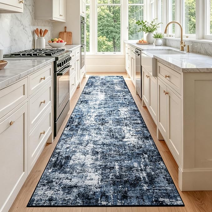 Rugflix 3x16 Runner Rug for Hallway, Washable Navy Blue Long Runners | Machine Washable; Stain-resistant; Low Pile; Non-slip; Modern Abstract; Black Carpet for Entrance Kitchen Hallway Home