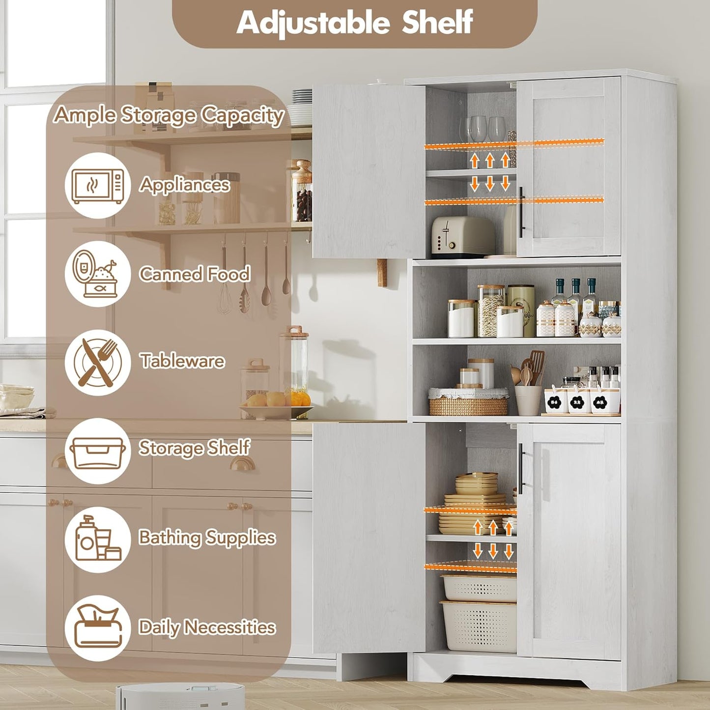 GarveeHome 67" Tall Storage Cabinet, Tall Bathroom Cabinet with 4 Doors and Adjustable Shelves, Freestanding Kitchen Pantry Cabinets, Cupboard for Living Room, Dining Room, Antique White