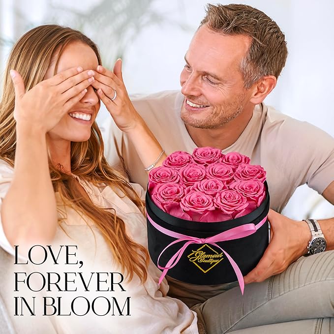 GLAMOUR BOUTIQUE Flowers Forever Gift Box, 12 Real Preserved Roses in Velvet Black Box, Floral Gift for Her, Mom or Wife for Birthday, Mother’s Day, Anniversary or Graduation, Pink (Color-Treated)
