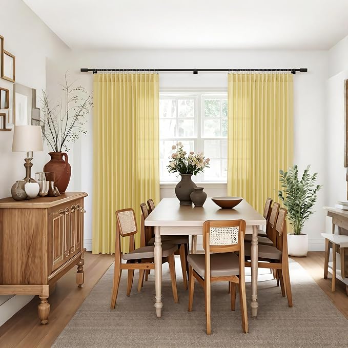 Jowels Yellow Linen Curtains 84 Inch Long 2 Panels for Living Room | Light Filtering Semi Sheer Curtain, Back Tab Pocket Pleated Look, Boho Farmhouse Textured Privacy Drapes for Bedroom Window