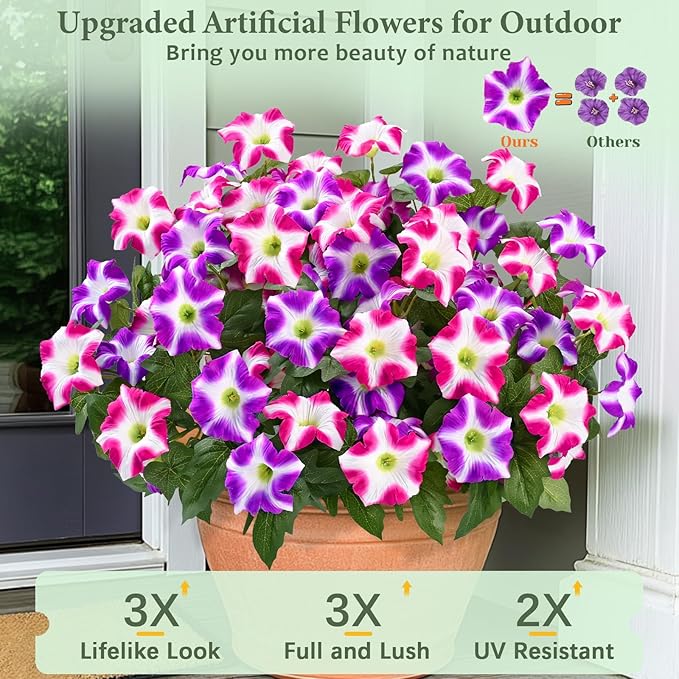 MARTINE MALL Artificial Flowers for Outdoors, 4 Bundles Realistic Fake Outdoor Flowers, UV Resistant Silk Petunia Flower for Outside Look Real Faux Flower Plants for Outdoor Porch, Fuchsia, Rose Red