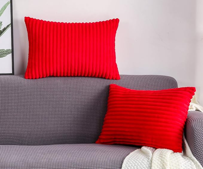 TangDepot Velvet Big Corduroy Pillow Covers 12x24 Red 2-Pack | Soft wide-stripe corduroy pillow cover, hidden zipper, machine washable, easy refresh, for bedroom living room indoor outdoor