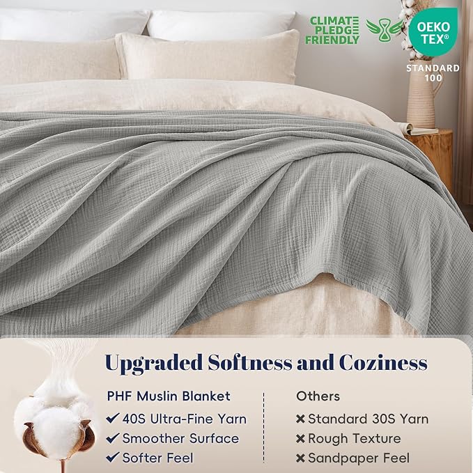 PHF 100% Cotton Muslin Blanket King Size 108"x90", 4-Layer Lightweight Gauze Throw, Breathable Cloud-Soft Minimalist Blanket for Bed, Couch, Camping & Baby, Light Grey, Ideal Gift