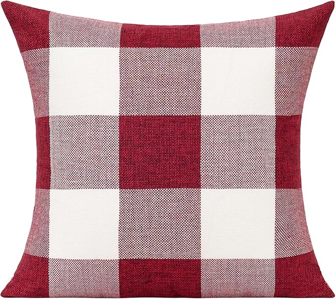 VAKADO 16x16 Inches Set of 2 Christmas Red and White Buffalo Check Plaid Throw Pillow Covers Farmhouse Decorative Square Burgundy Cushion Cases for Sofa Couch Bedroom Valentine Home Décor