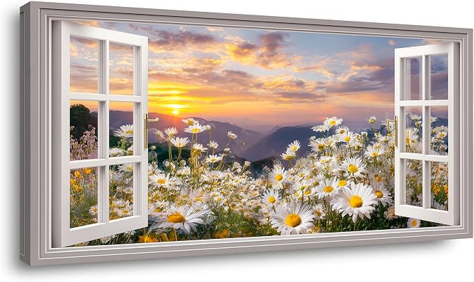 Ggaafet Wildflower Window Wall Art for Living Room Canvas Painting Prints Beautiful Daisy Floral Blooming Landscape Art Deco Pretty Artwork Office Bedroom Family Dining Room Decor Extra Large