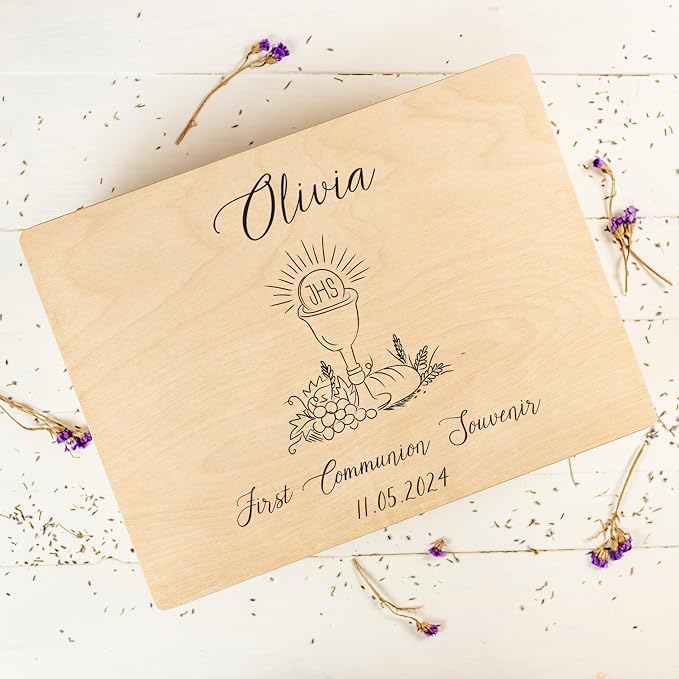 Creative Deco Personalized Wooden Storage Box Communion Cup | 11.8 x 7.87 x 5.51 in (+-0.5) | Multiple Choice | Hinged Lid Handle Engraving | Unpainted Gift Box | UNSANDED Keepsake Souvenir Chest