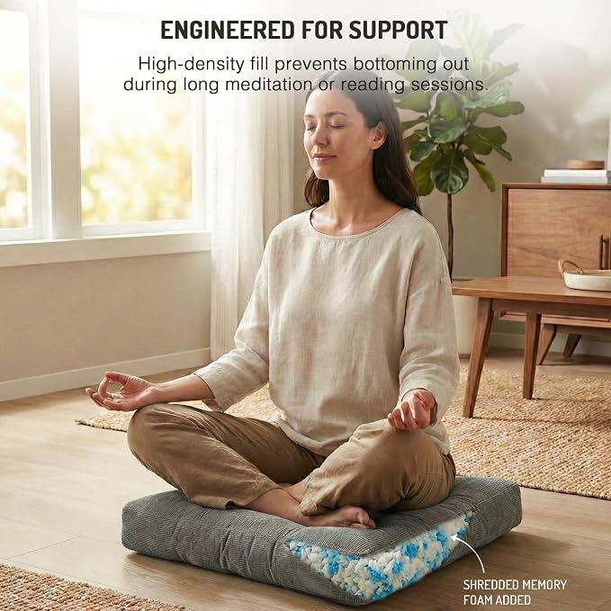 Meditation Floor Pillow Set of 2, Square Large Pillows Seating for Adults, Tufted Corduroy Cushion for Reading Corner, Dorm Room and Living Room, Grey, 22x22 Inch