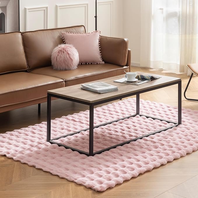 Ashler Faux Rabbit Fur Rug, Pink 4x6 FT Fluffy Soft Area Rugs, Rectangle Fuzzy Carpet for Living Room, Bedroom, Machine Washable Rug - 3D Bubble Mat