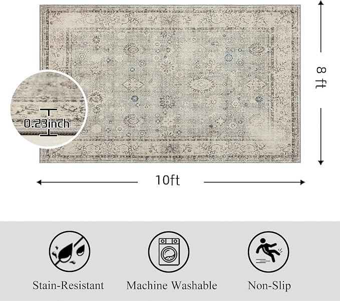 Ruaruarug Washable Area Rug 8x10 for Living Room, Bedroom, Ultra Soft Non Slip Stain & Fade Resistant, Pet & Kids Friendly, Suitable for High Traffic Areas Easy to Clean for Office Kitchen, Gray