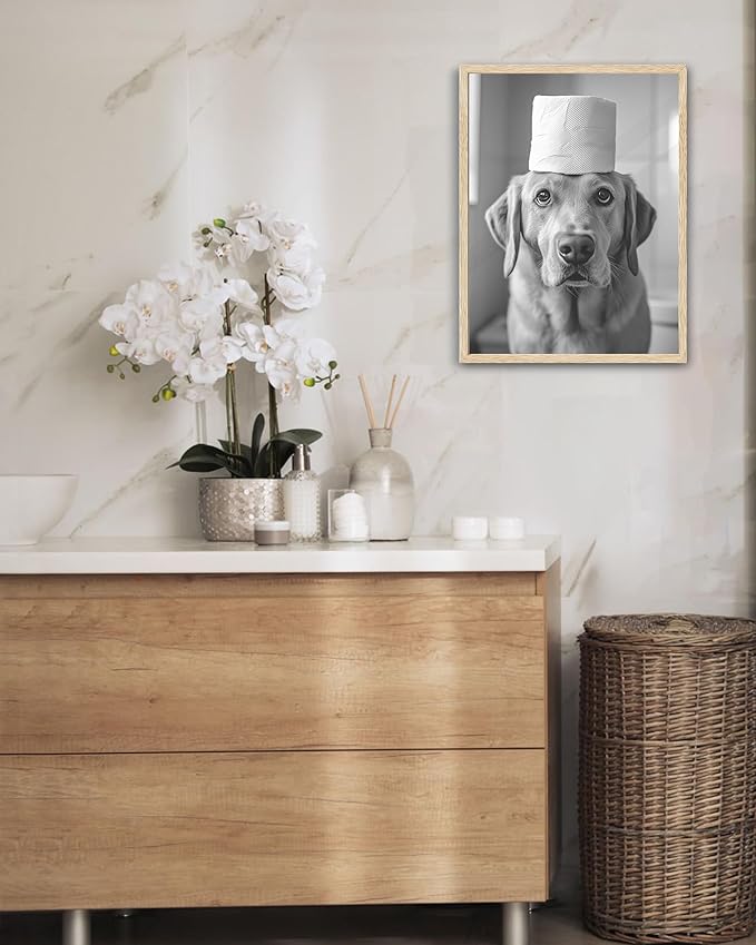 UPWOIGH Funny Labrador Retriever Dog Oak Framed Canvas Wall Art, 12x16 in Black and White Bathroom Humor Print, Modern Minimalist Poster Wall Decor for Restroom or Washroom, 1Pack Gift Idea