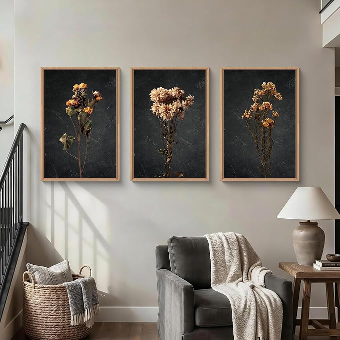 HOURIA Dark Moody Dried Floral Framed Canvas Wall Art Set,Vintage Mid Century Black Flower Wall Decor,Retro Boho Minimalist Wildflower Botanical Artwork for Living Room,Bedroom,Farmhouse- 24"x36"x3