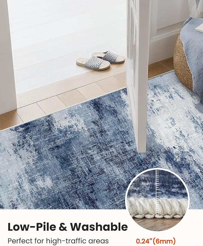 Runner Rugs for Hallway 2'6"x8', Modern Abstract Machine Washable Runners for Kitchen Entryway Bathroom Bedroom, Low Pile Lightweight Thin Non Slip Runner Rug, Dark Blue