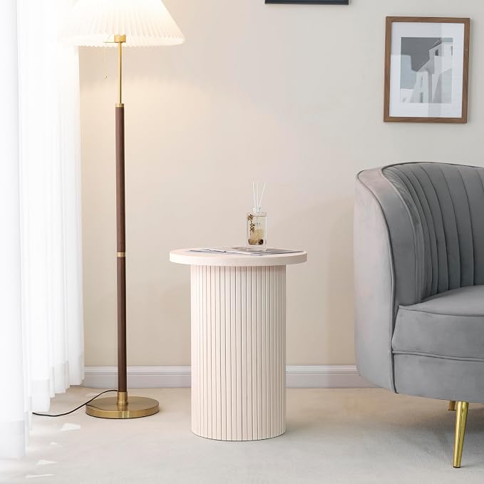Farmhouse End Table Fully Assembled with Fluted Column, 16.93" Drum Side Table for Living Room, Natural White Finish Pedestal Table for Bedroom, Boho Rustic French Country Decor