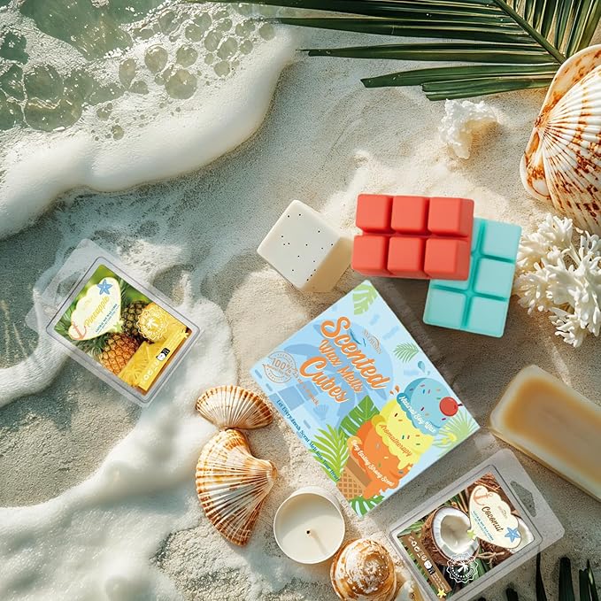 Summer Wax Melts Gift Set, Long Lasting Soy Scented Wax Cubes for Wax Warmers, Coconut, Pineapple, Watermelon, Mojito, Passion Fruit, Vanilla Ice Cream, Ocean Breeze, Fresh Cotton, 8x2.6 oz