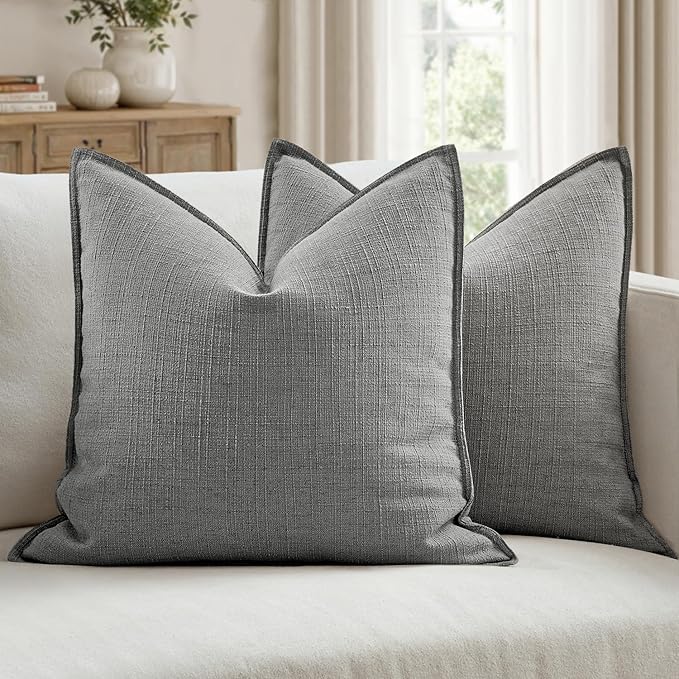 MIULEE Pack of 2 Thick Textured Couch Throw Pillow Covers, Grey Decorative Pillow Covers 20x20, Neutral Linen Cushion Cases for Sofa Bed Living Room Modern Farmhouse Home Decor, No Filling