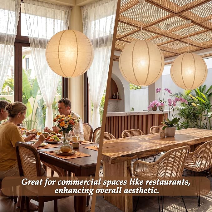 Nuanchu 2 Pack Linen Lantern Lamp Plug in Pendant Light 20 Inch Hanging Lamp Shade with 20 ft Cord Minimalist Light Covers Japanese Chandelier for Ceiling Dining Living Room Artistic Decor(Round)