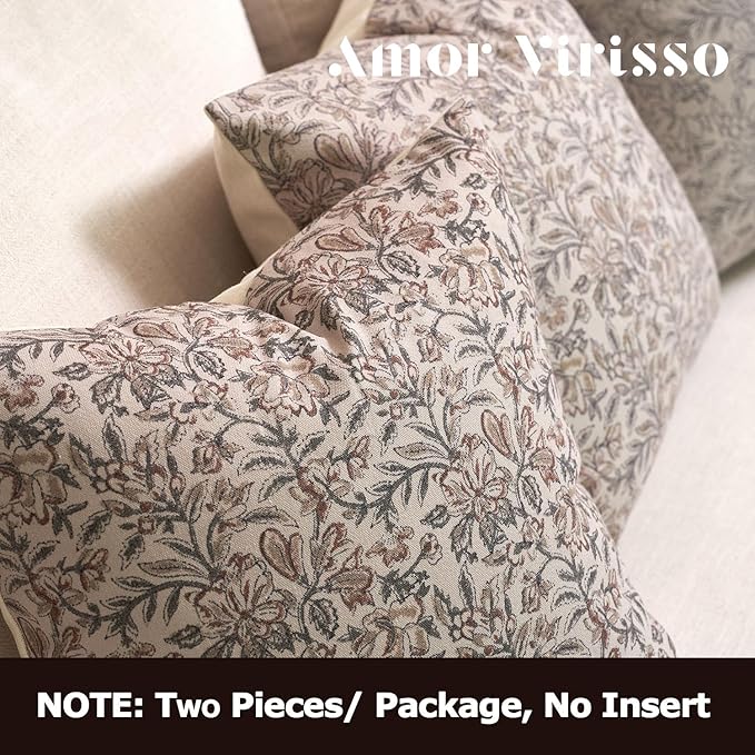 Amor Virisso Floral Throw Pillow Covers 24x24 Set of 2 Vintage Block Print Pillow Covers Decorative Pillow Covers Couch Pillows for Living Room Farmhouse Accent Sofa Pillows, Green/Sand