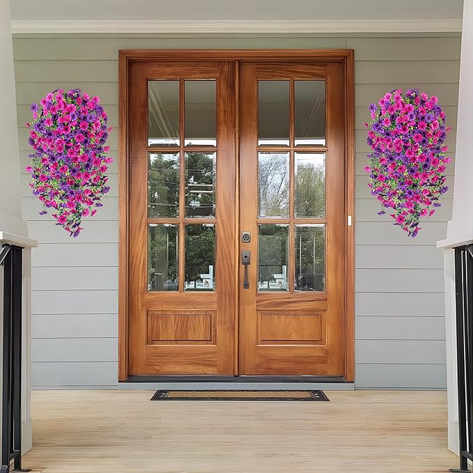 Artificial Hanging Petunias Flowers for Outdoor, 4pcs Fake Plants Long Vine Morning Glory Eucalyptus, UV Resistant Realistic Faux Greenery Indoor Outside Patio Porch Garden Spring Summer Decor, Purple