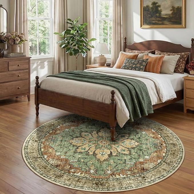 RELEANY Area Rugs 7ft Washable Non-Slip, Floral Vintage Distress Print Pattern Medallion Carpet for Living Room Bedroom Dining Room, Brick Red Rust Neutral Brown Burnt Orange