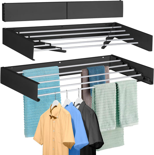 FOCHIER F Laundry Drying Rack Wall Mounted Clothes Drying Rack Collapsible with 5 Aluminum Rods and Drilling Template Long Screwdriver Bit 60 lbs Capacity (Black, 40")