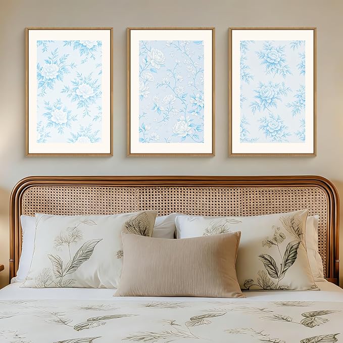 HPNIUB Blue and White Chinoiserie Floral Framed Wall Art Set,Classic Minimalist Wall Decor,Elegant Flowers Art Print,Watercolor Botanical Wildflower Artwork for Living Room, Bedroom,Office-24''x36''x3