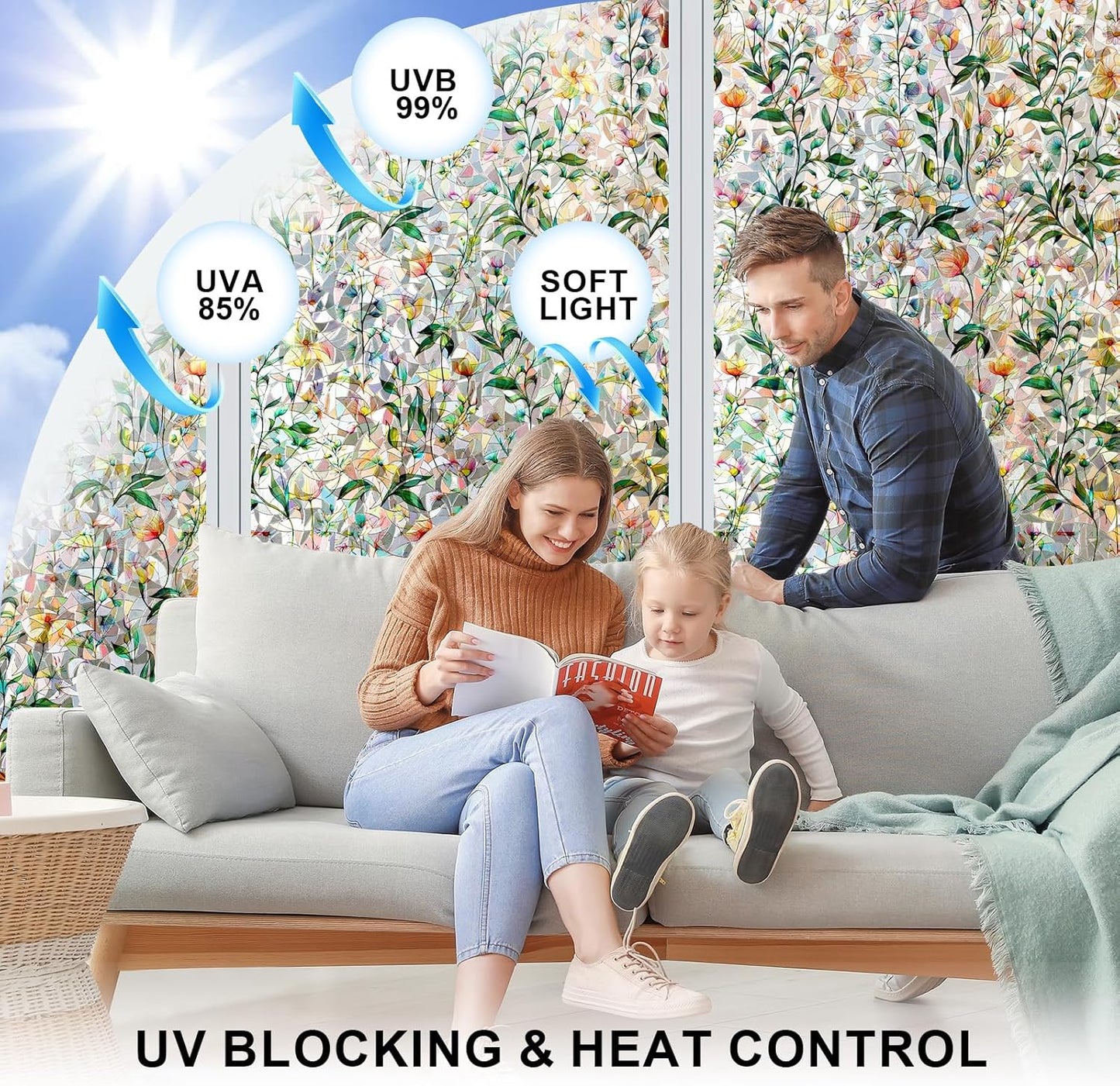 Rainbow Window Privacy Film 3D Floral Decorative Stained Glass Window Film Anti UV Non-Adhesive Reusable 17.5" x 78.7" for Home Room Car Glass Cling