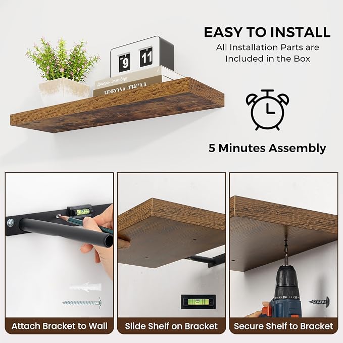 Dreamland 36Inch Floating Shelves for Wall 8" Deep Rustic Brown Set of 2 | Wall shelves for bathroom, bedroom, kitchen, deep wall mount wood storage display for home decor 36" x 8"