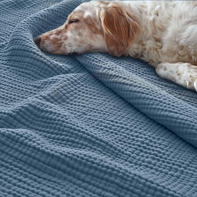 PHF 100% Cotton Muslin Blanket King Size 108"x90", 4-Layer Lightweight Gauze Throw, Breathable Cloud-Soft Minimalist Blanket for Bed, Couch, Camping & Baby, Denim Blue, Ideal Gift