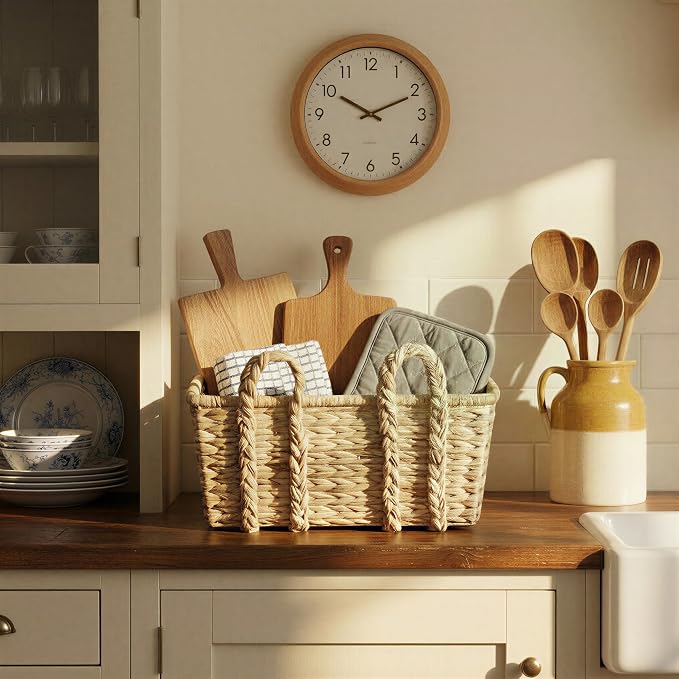 Household Essentials Large Rectangular Floor Storage Basket with Braided Handles, Light Brown