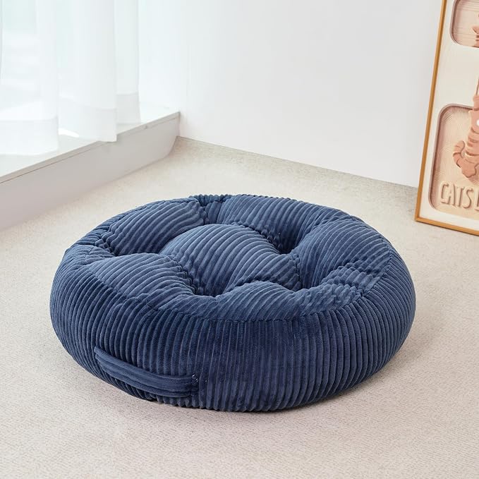 Round Floor Pillow, 6-Inch Thick Meditation Floor Cushion with PP Cotton Filling, Soft Corduroy Boho Floor Seating for Living Room, Bedroom, 22 x 22 Inches (Blue, 2 Pack)