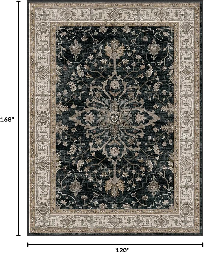 RELEANY Area Rugs Large 10'x14' Washable Non-Slip, Floral Vintage Distress Medallion Carpet for Living Room Bedroom Dining Room, Vintage Black Brown Neutral