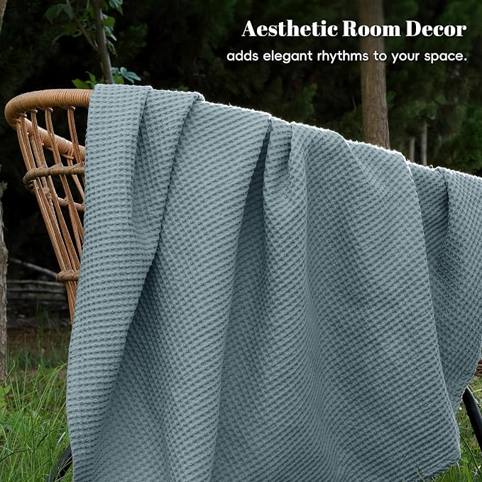 PHF Pre-Washed 100% Cotton Waffle Weave Blanket King Size for Bed,Snag Proof Throw Blanket for Couch Spring Summer Lightweight Breathable,Machine Washable, Home Decor Gift - Ocean