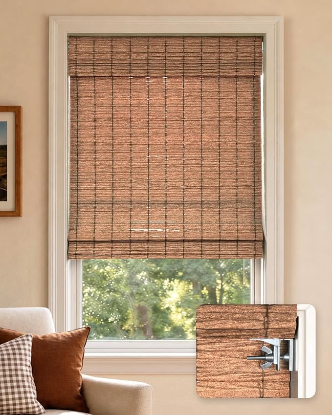 LazBlinds No Drill Cordless Roman Shades for Windows, Light Filtering Privacy Protection Thermal Insulation UV Blocking Natural Panama Weave Fabric Blinds for Windows, 23" W x 48" H, Natural