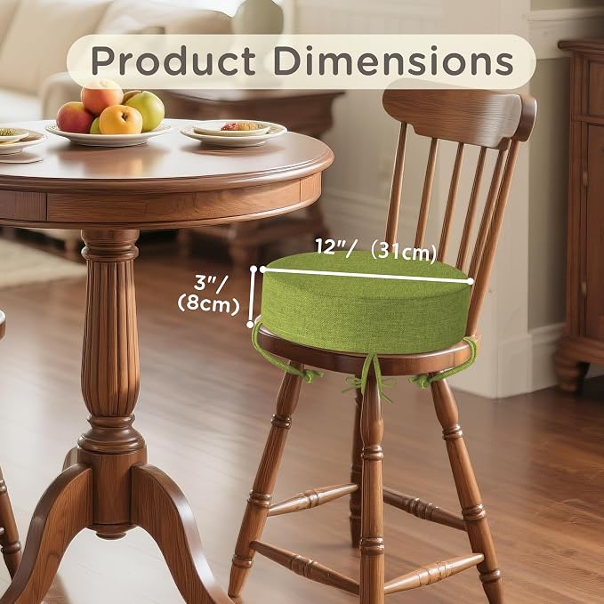 Bar Stool Cushions Round 3" Thick Round Seat Cushions for Chairs 4 Pack Non Slip Bistro Chair Pads with Machine Washable Cover (12 Inch, Green)