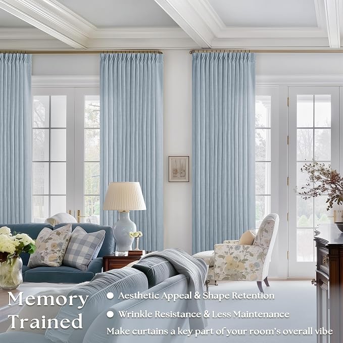 Dusty Blue 80 Inch Pinch Pleated Linen Curtains 2 Panels Set for Living Room Bedroom Boho Farmhouse Light Filtering Semi Sheer Back Tab Pinch Pleat with Hooks Rings Window Curtain 80 Inches Long